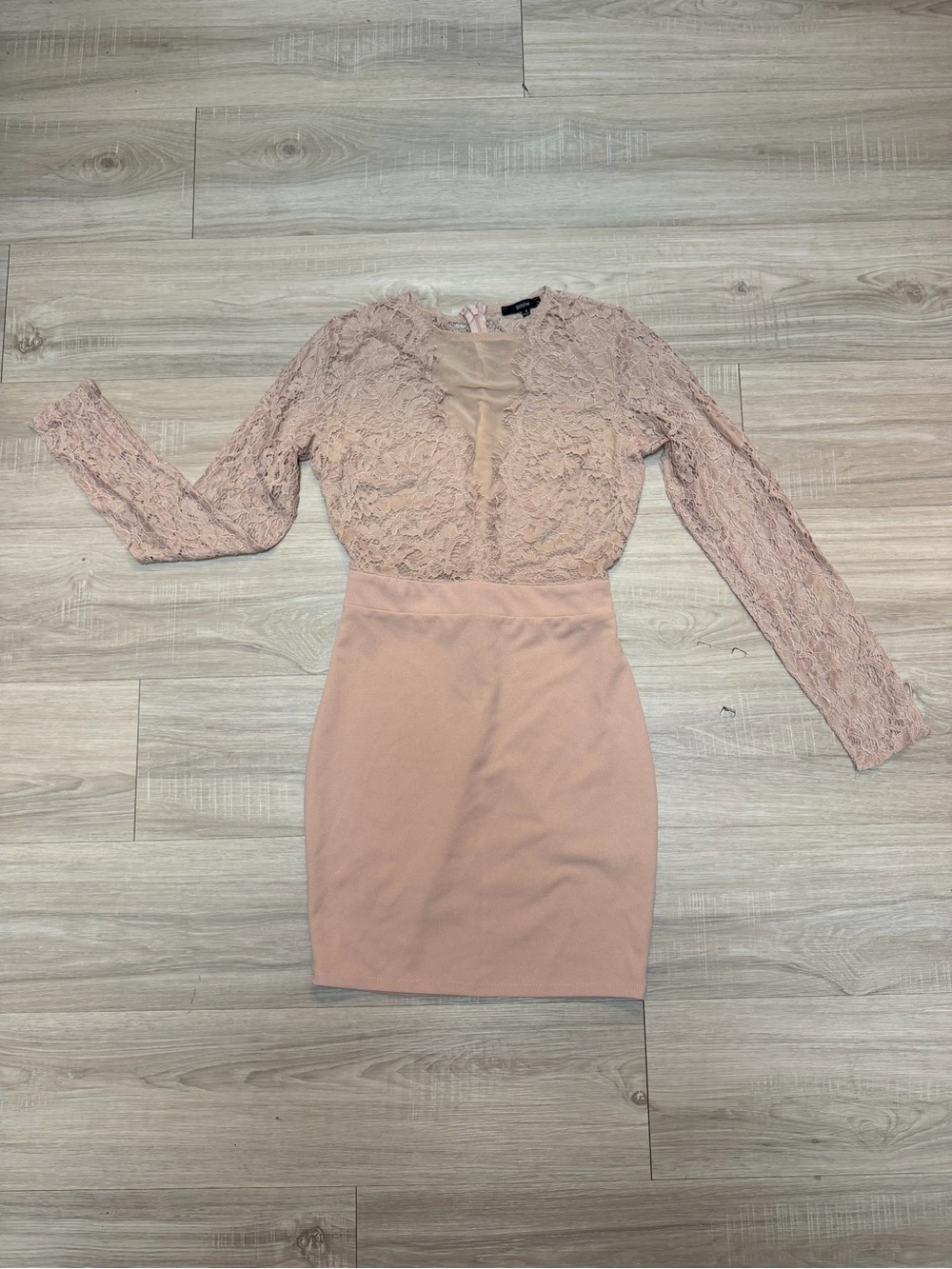 Blush Lace Long Sleeve Bodycon Mini Dress Sheer Panel Elegant Fitted